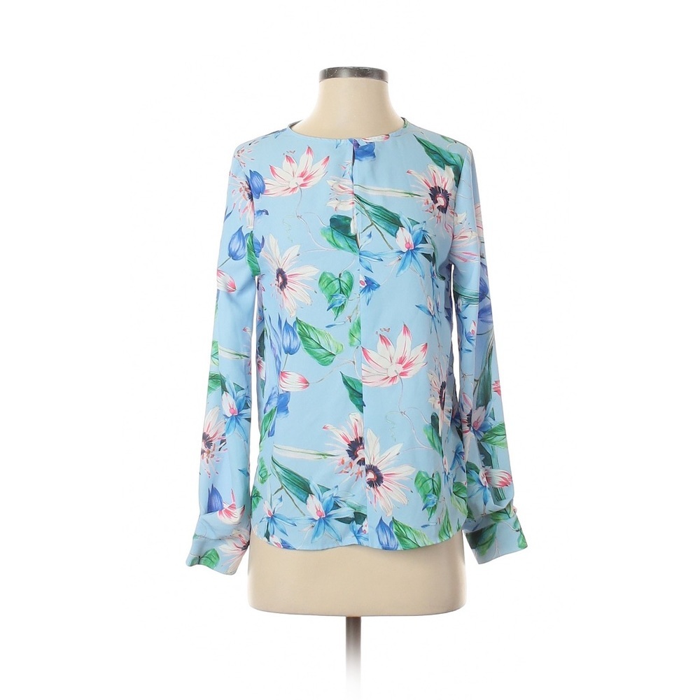 H&M Blue Floral Long Sleeve Blouse Keyhole Neckline Size 2